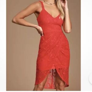 Lulus |  Meg Red Lace Sleeveless Tulip Hem Cocktail Dress Size XS